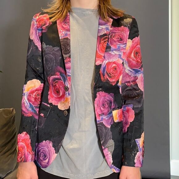 Men’s Black Floral Slim Fit 2-Button Formal Party Blazer Suit Jacket Size 36 NWT - Picture 2 of 14